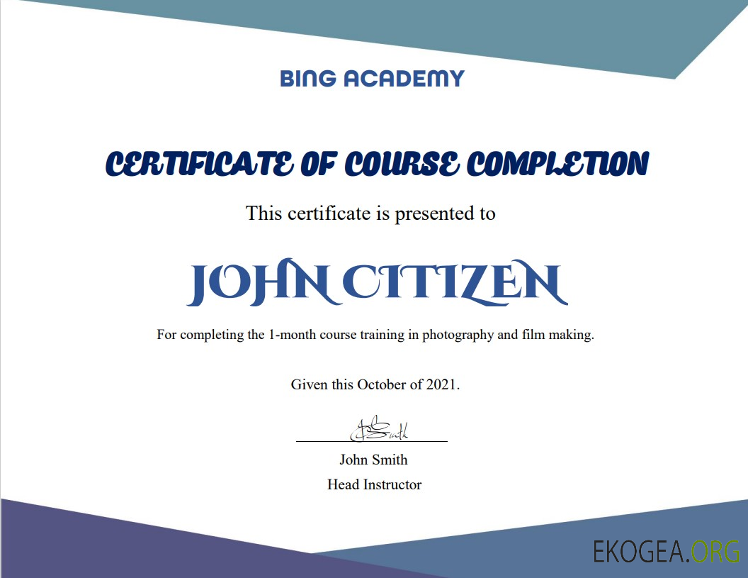 Modèle de certificat d'achèvement de cours aux États Unis au format Word et PDF